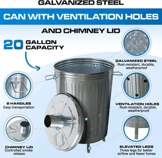 Plexon Metal Compost Bin Outdoor Burn Bin - Galvanized Trash Can with Lid Chimney and Vent Holes - Trash Burning Container Composter Incinerator for Garbage, 20 Gallon (Chimney Lid and Vent Holes)