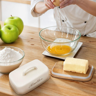Wooden Butter Dish with Off-White Metal Lid and Handle
