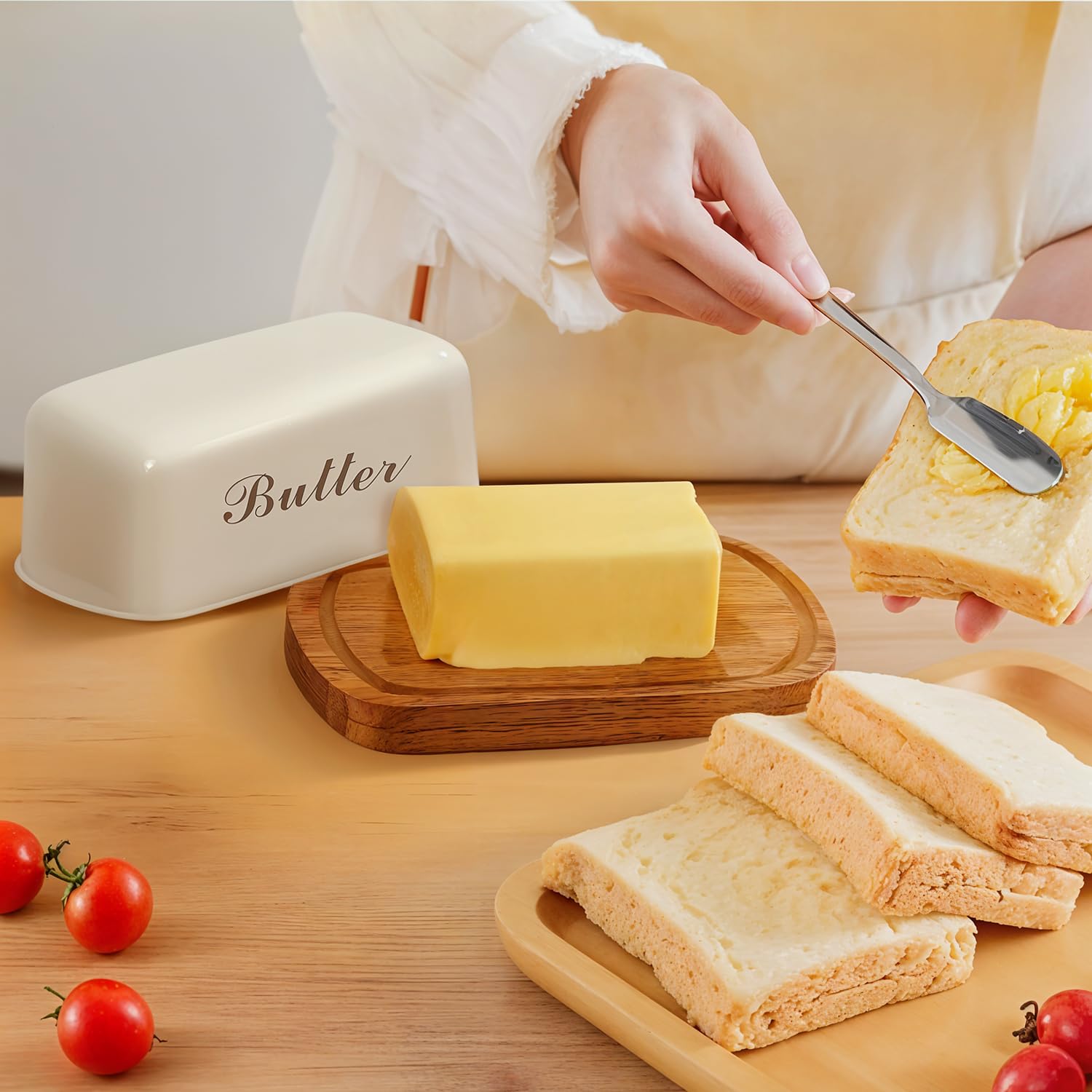 Wooden Butter Dish with Off-White Metal Lid