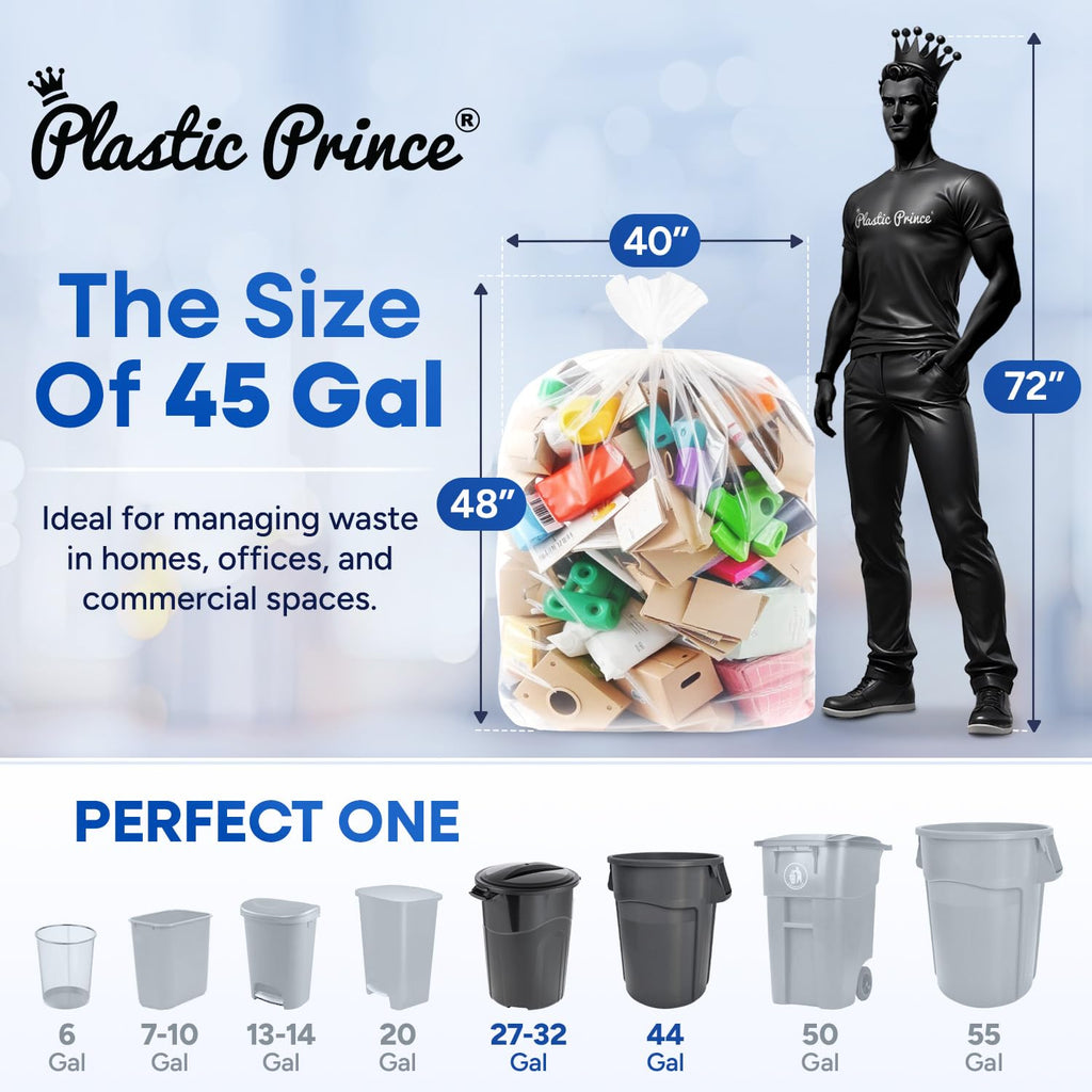 40in x 48in, 45 Gallon, 22 Mic, Clear High-Density Can Liners, 150/Case
