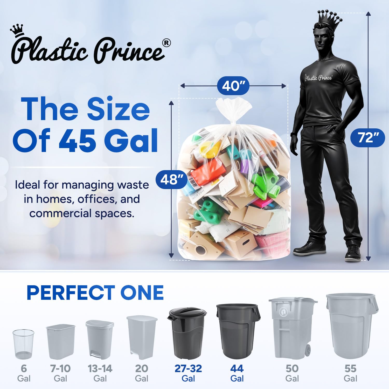 40in x 48in, 45 Gallon, 22 Mic, Clear High-Density Can Liners, 150/Case