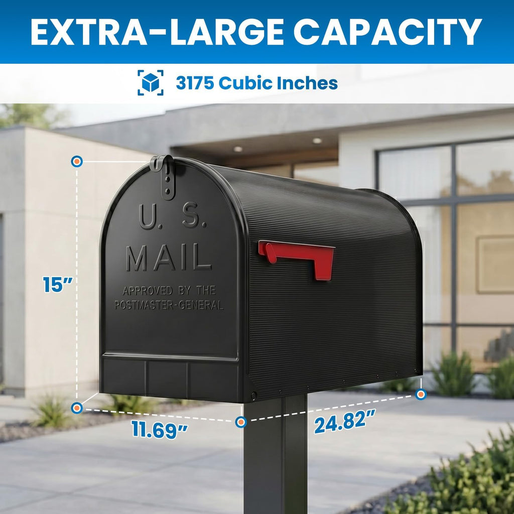 Plexon Jumbo Size Rural Mailbox, 3175 cu-in Capacity, Galvanized Steel, Powder-Coated, 15 in. H x 11.69 in. W x 24.82 in. L (Black, Extra Large)