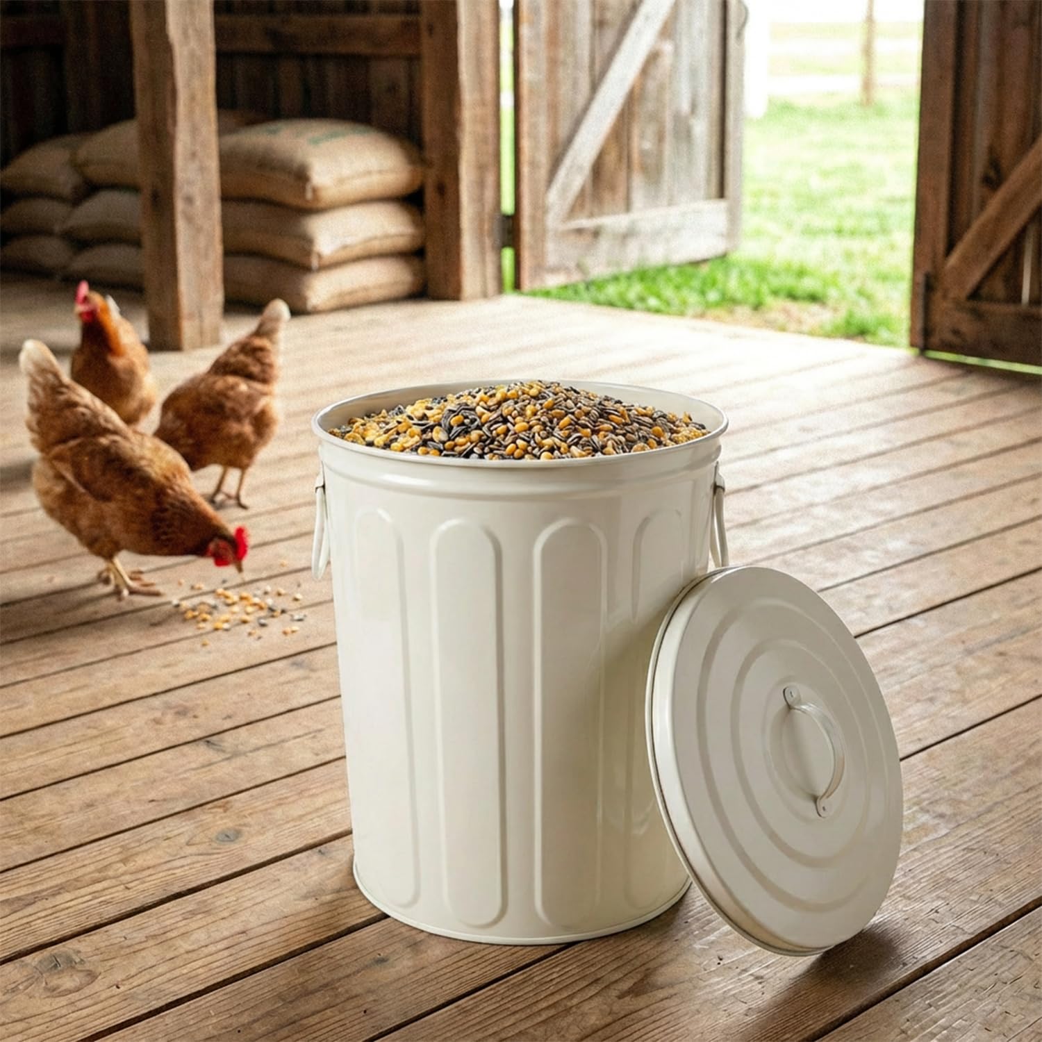 Plexon 5 Gallon Small Metal Trash Can with Lid Outdoor Galvanized Steel Bucket with Lid 5 Gal Storage Can for Dog Food Bird Seed Storage Container Rodent Pet Proof, Matte Off-White