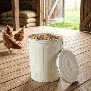 Plexon 5 Gallon Small Metal Trash Can with Lid Outdoor Galvanized Steel Bucket with Lid 5 Gal Storage Can for Dog Food Bird Seed Storage Container Rodent Pet Proof, Matte Off-White