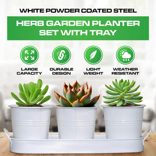 Set of 3 White Metal Garden Planters with Tray