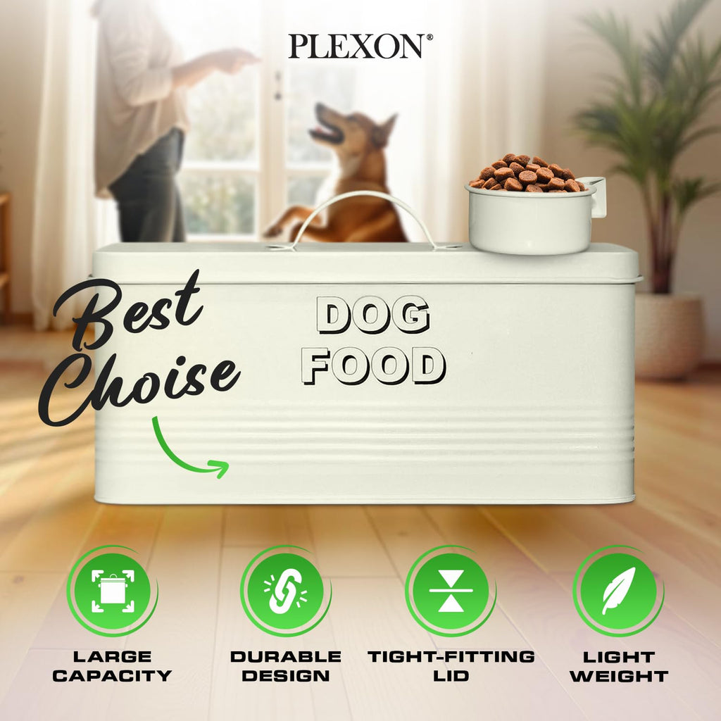 10 lb Rectangular Off-White Metal Pet Food Storage Container with Scoop