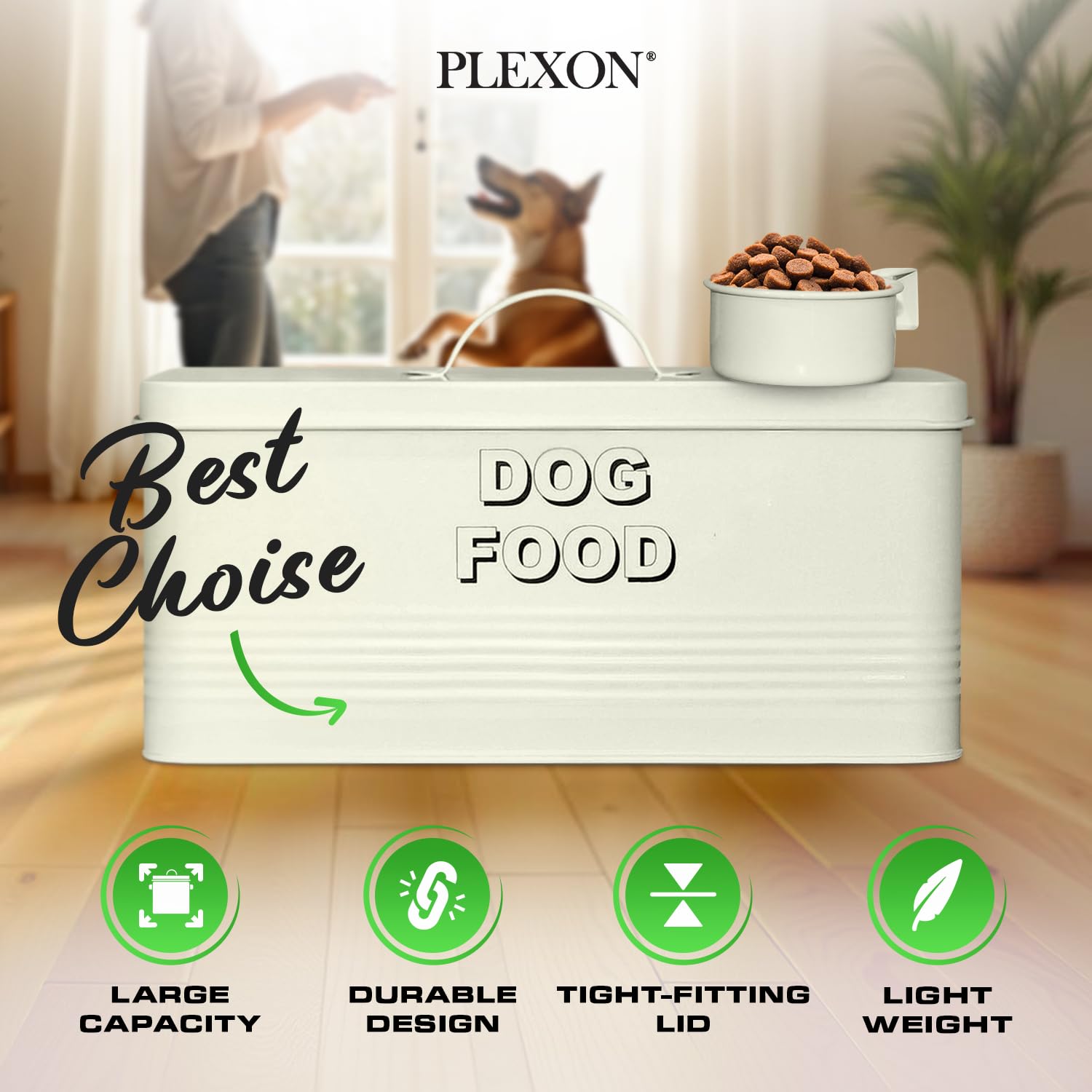 10 lb Rectangular Off-White Metal Pet Food Storage Container with Scoop