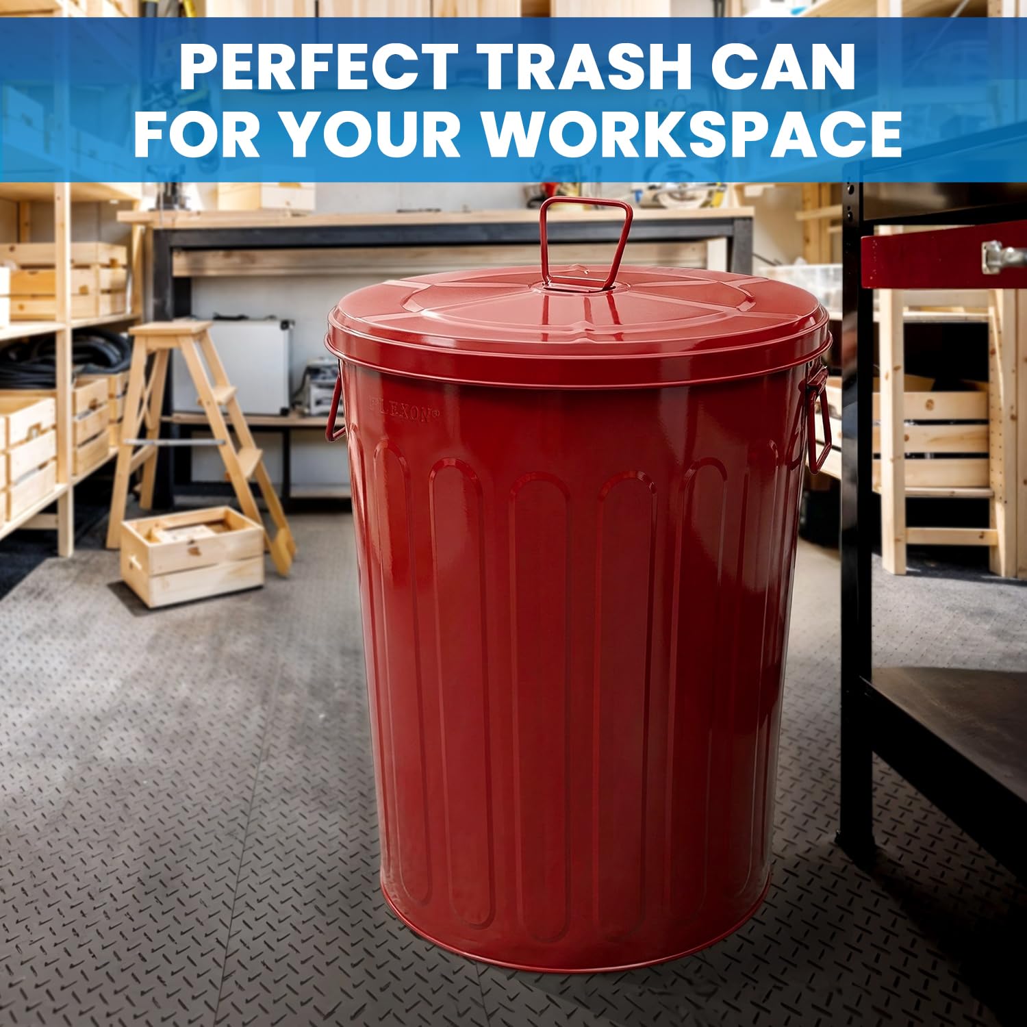 Plexon 20 Gallon Metal Trash Can with Lid Outdoor Large Garbage Can Decorative Trash Can Heavy Duty Powder Coated Metal Bucket with Lid for Garage Workshop Storage Farmhouse, Red