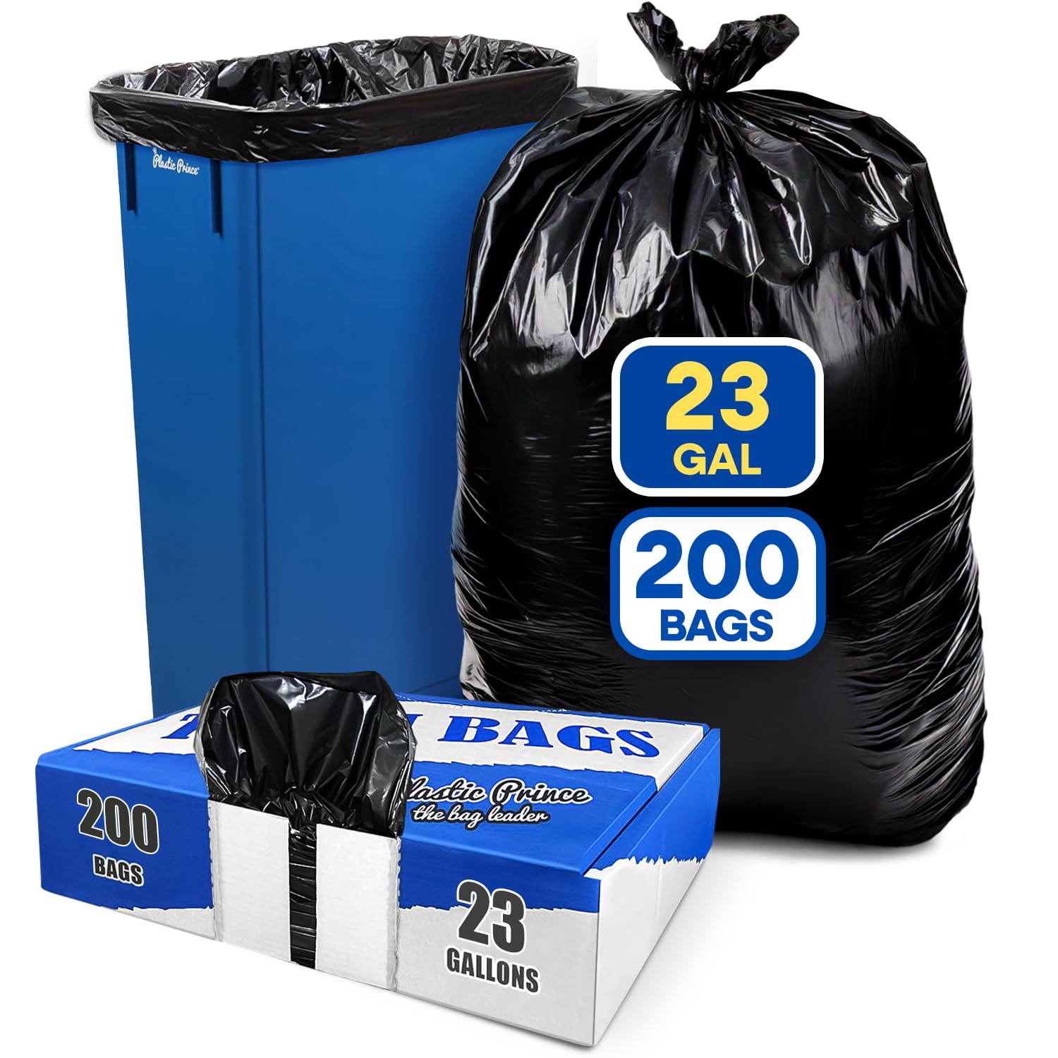 Plastic Prince 23 Gallon Trash Bags, 1 Mil Black Waste Bags, Fits Slim Jim 23 Gal Trash Cans, 29" x 44" Tall Garbage Trash Can Liners 200 Pack