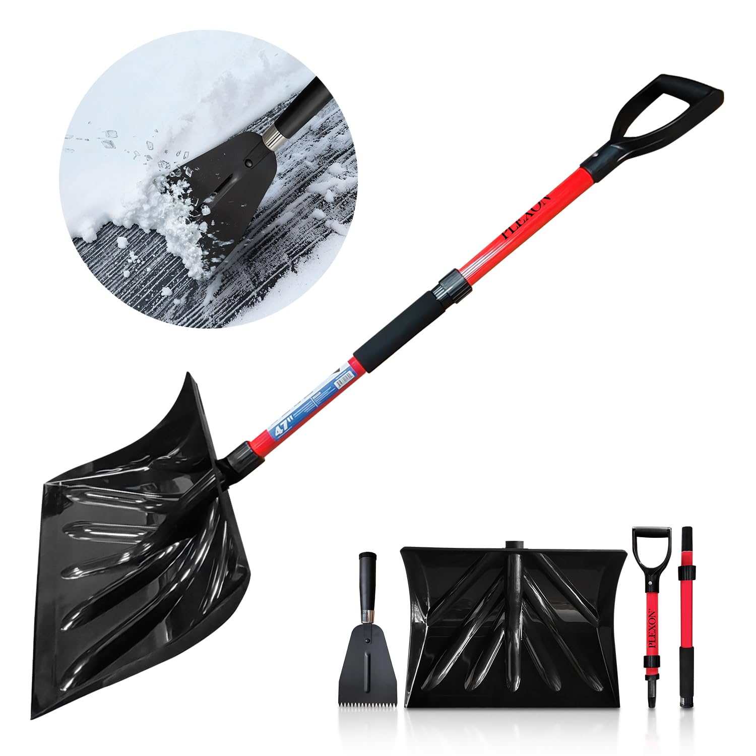 47" Snow Pusher & Ice Scraper Set with 2-piece Fiberglass Handle & Plastic D-Grip, 18" Wide Blade
