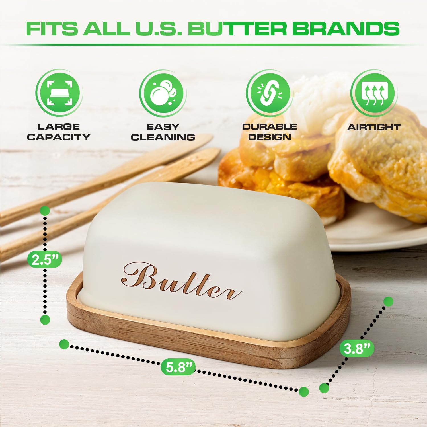 Wooden Butter Dish with Off-White Metal Lid
