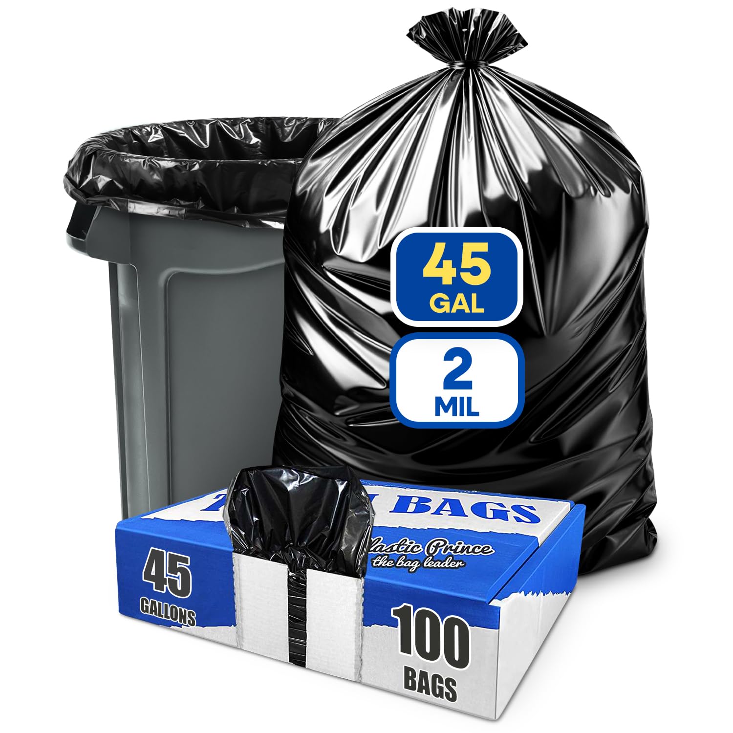 23" x 17" x 46" 45 Gal 2 Mil Black Contractor Bags, 100/Case