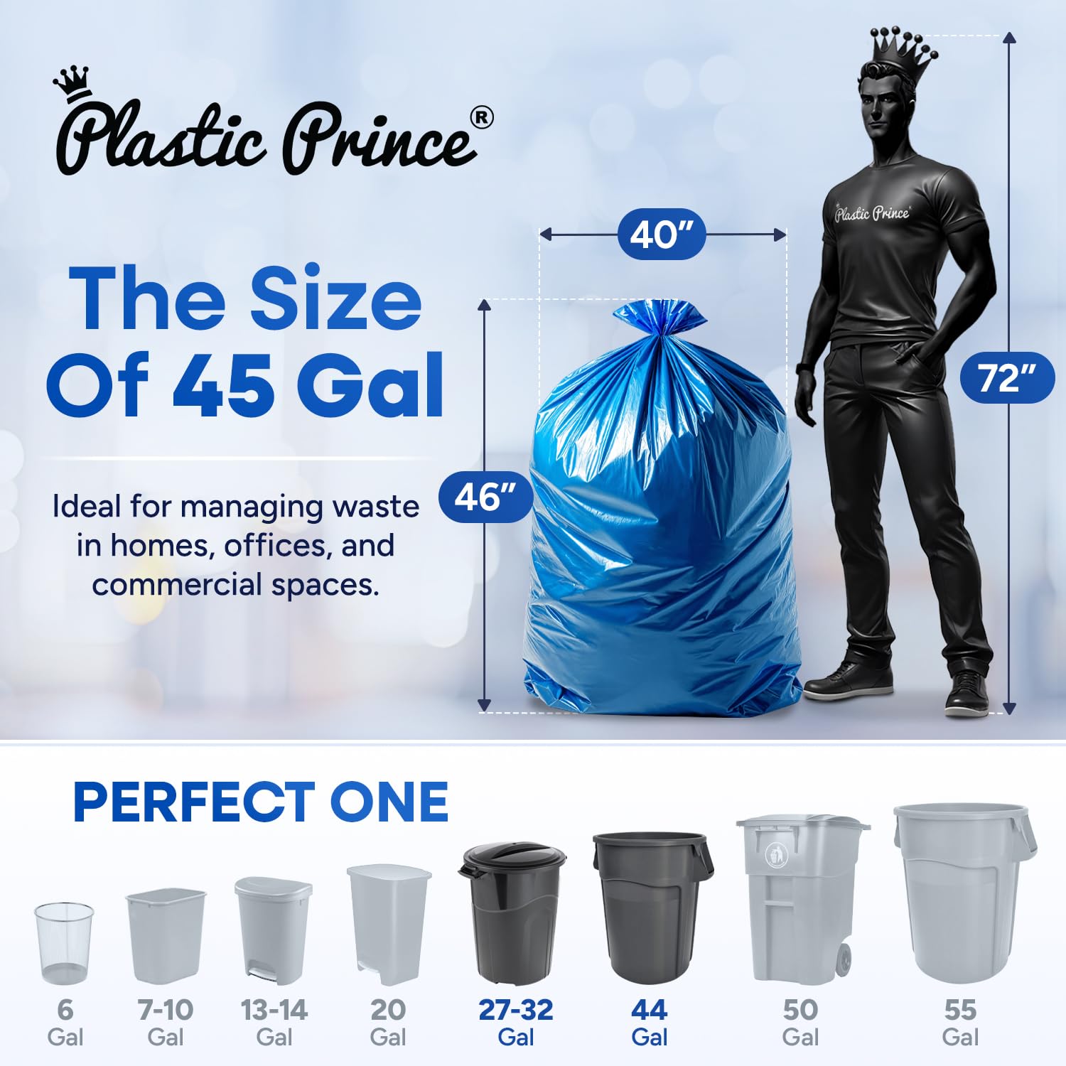 23" x 17" x 46" 45 Gal 2 Mil Blue Contractor Bags, 100/Case