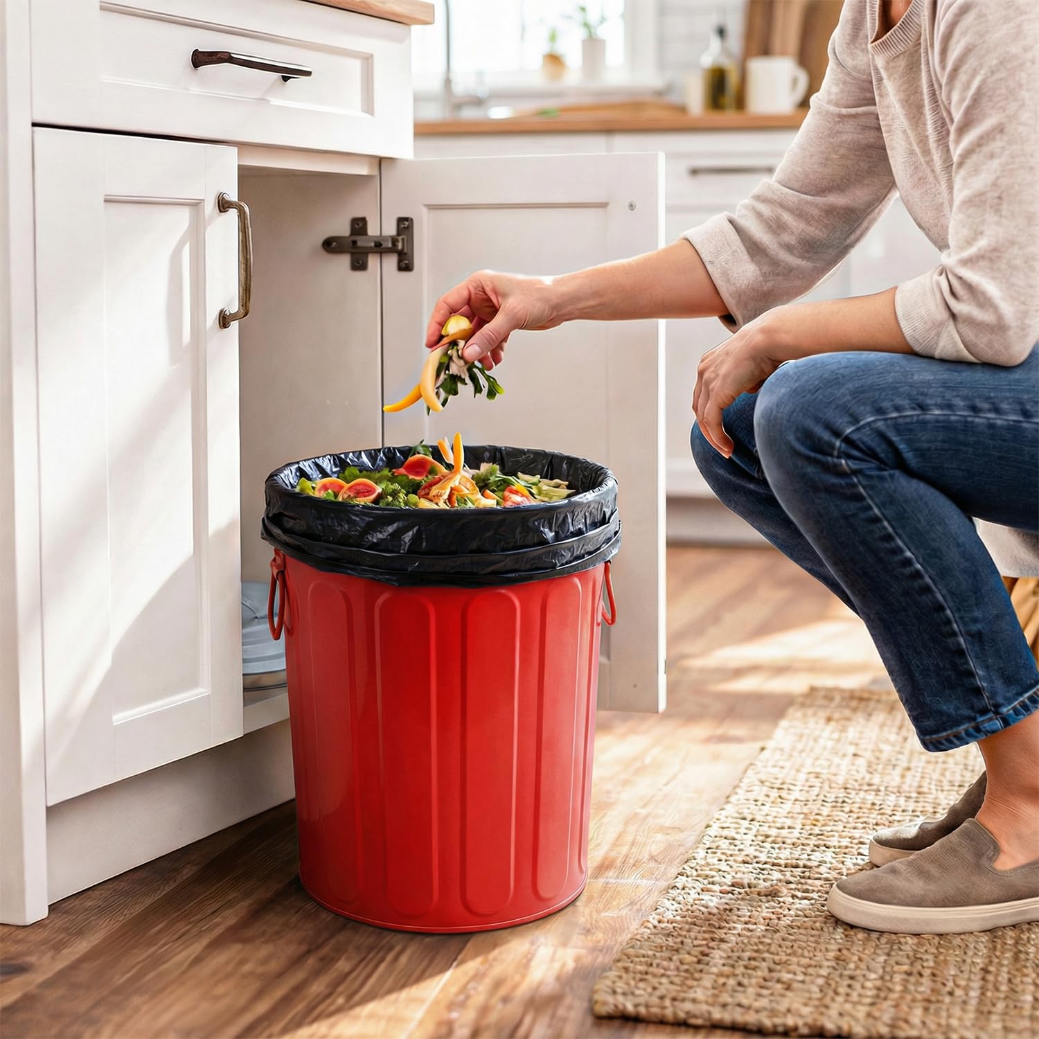 Plexon 5 Gallon Small Metal Trash Can with Lid Outdoor Galvanized Steel Bucket with Lid 5 Gal Storage Can for Dog Food Bird Seed Storage Container Rodent Pet Proof, Red