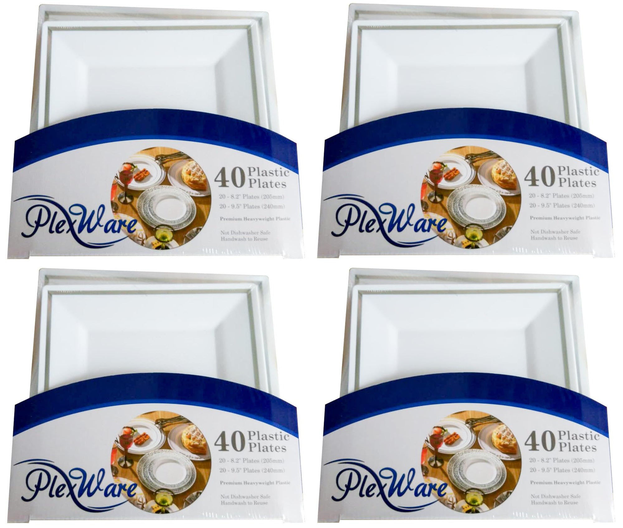 40-piece Set Square White Plates with Silver Rim, 20 Piece 8.2" & 20 Piece 9.5", 4/Case