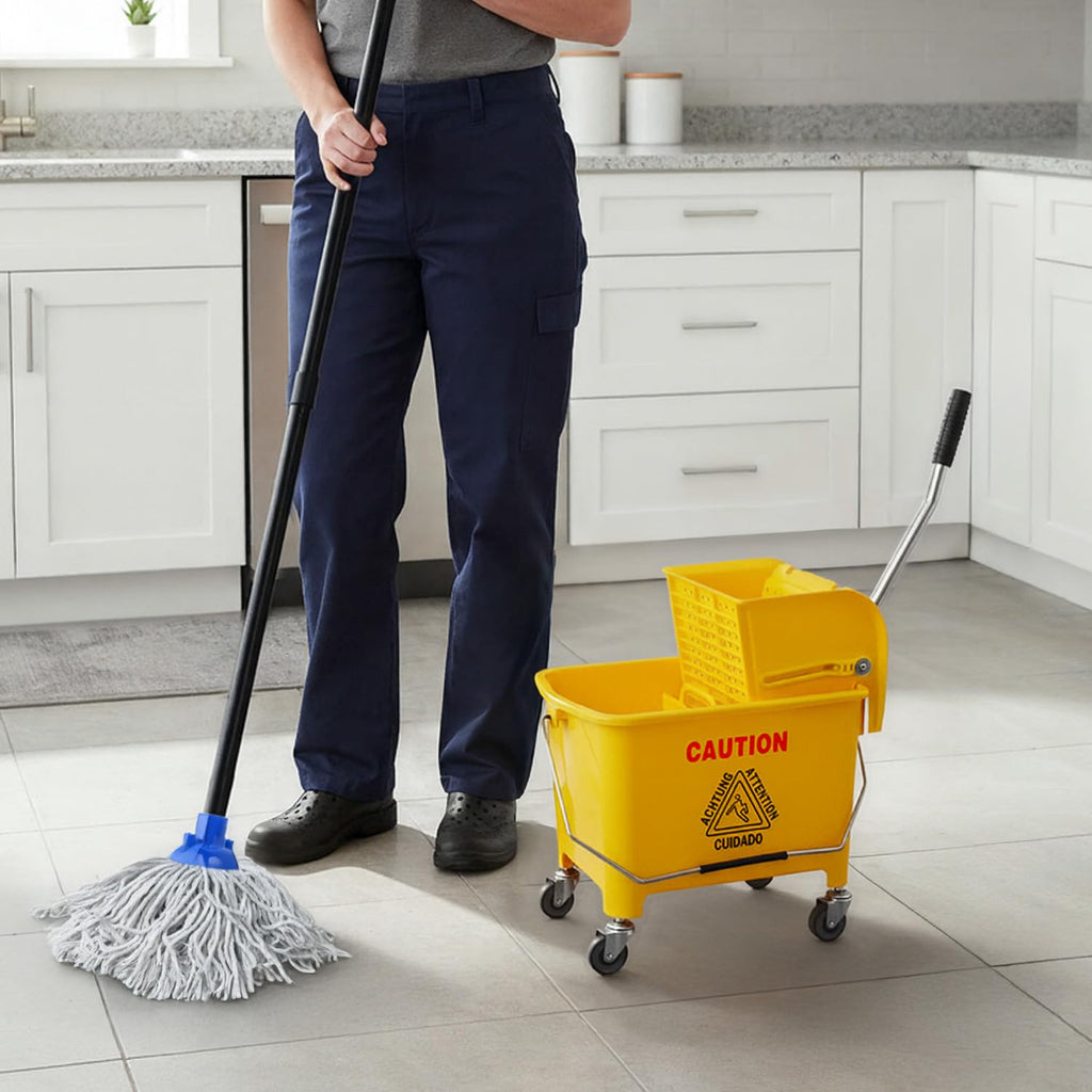 Plastic Prince Mop Bucket with Wringer on Wheels Small 5 Gallon, Heavy Duty Dual Chamber Industrial Mop Bucket Separate Dirty Water, Perfect for Business Household, 20 Quart Yellow