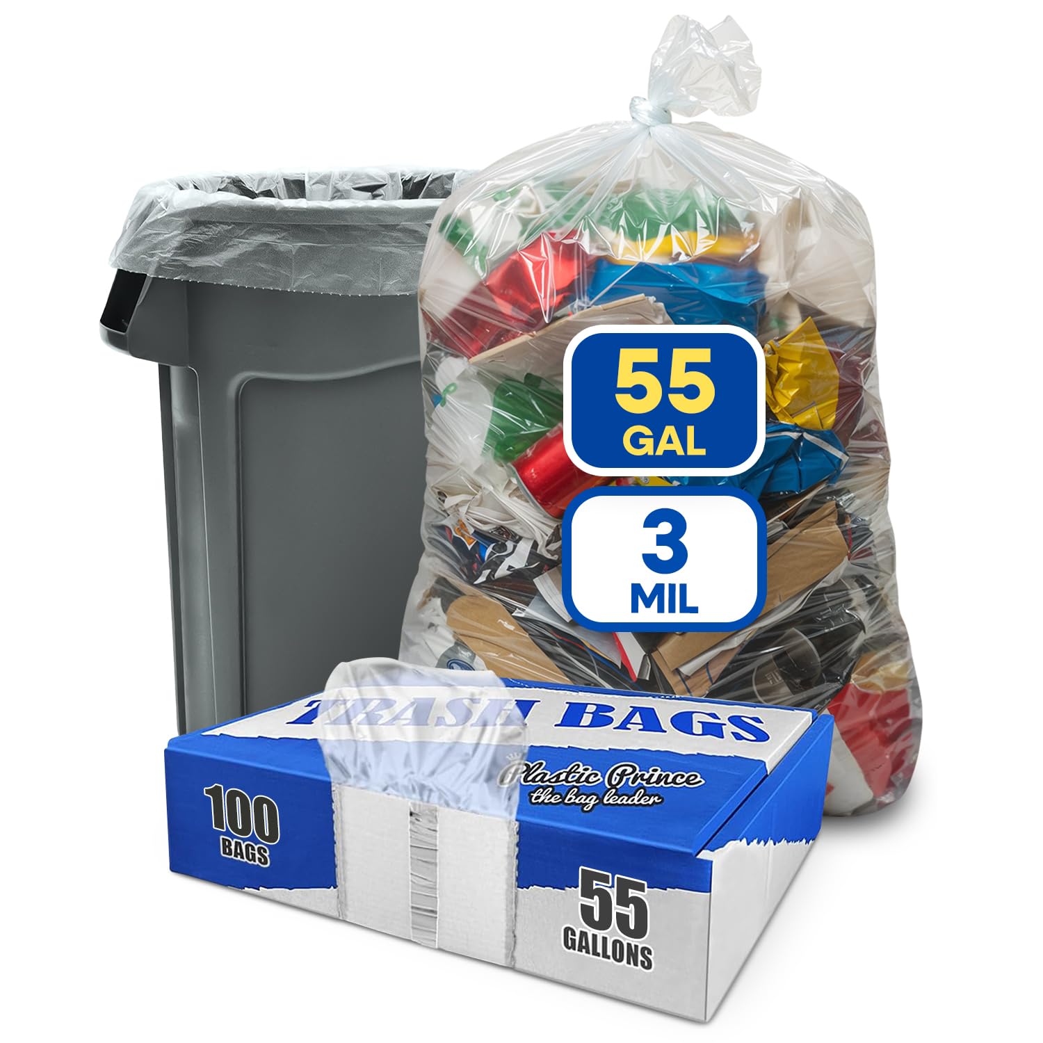 38" x 58" 55 Gal 3 Mil Clear Trash Bags, 100/Case