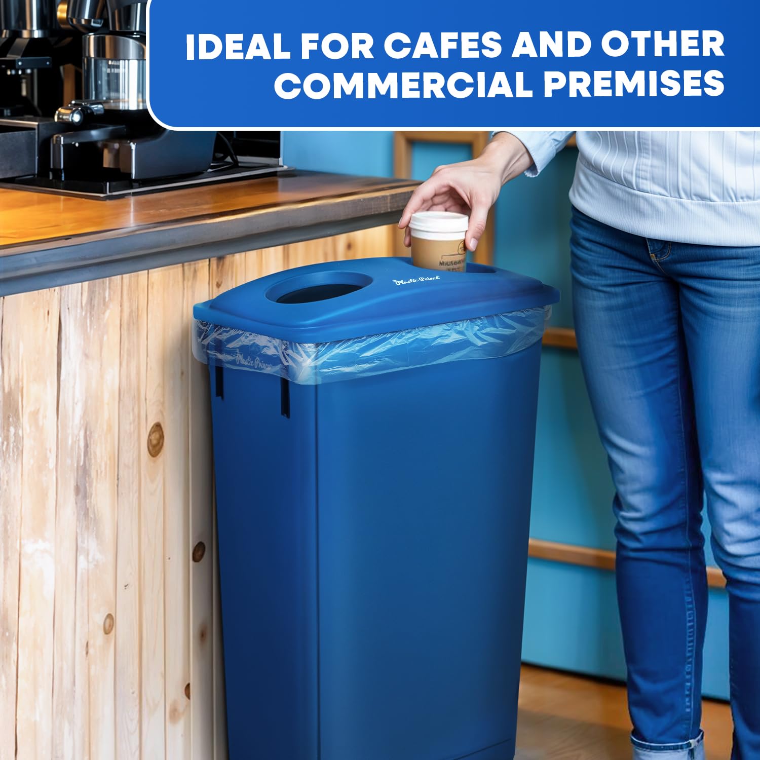 Plastic Prince 23 Gallon Slim Trash Can with Recycling Lid for Bottles and Cans, Blue Commercial Rectangular Garbage Can, Waste Bin for Home Kitchen Office Cabinet