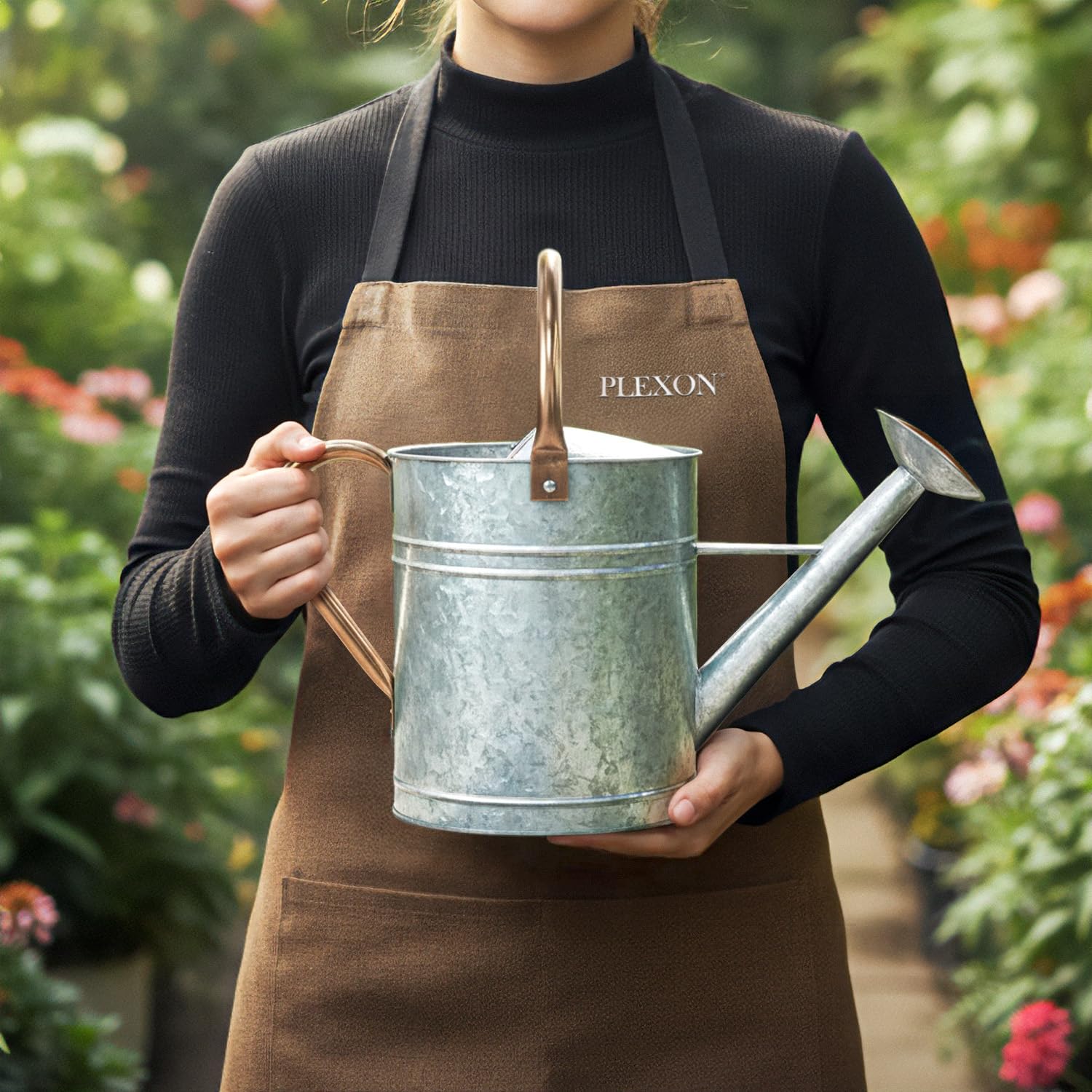 Plexon Large Metal Watering Can Outdoor 2 Gallon, Plant Flower Gardening Garden Watering Can Pot, Bronze Galvanized Steel Handles and Removable Spray Spout, Silver