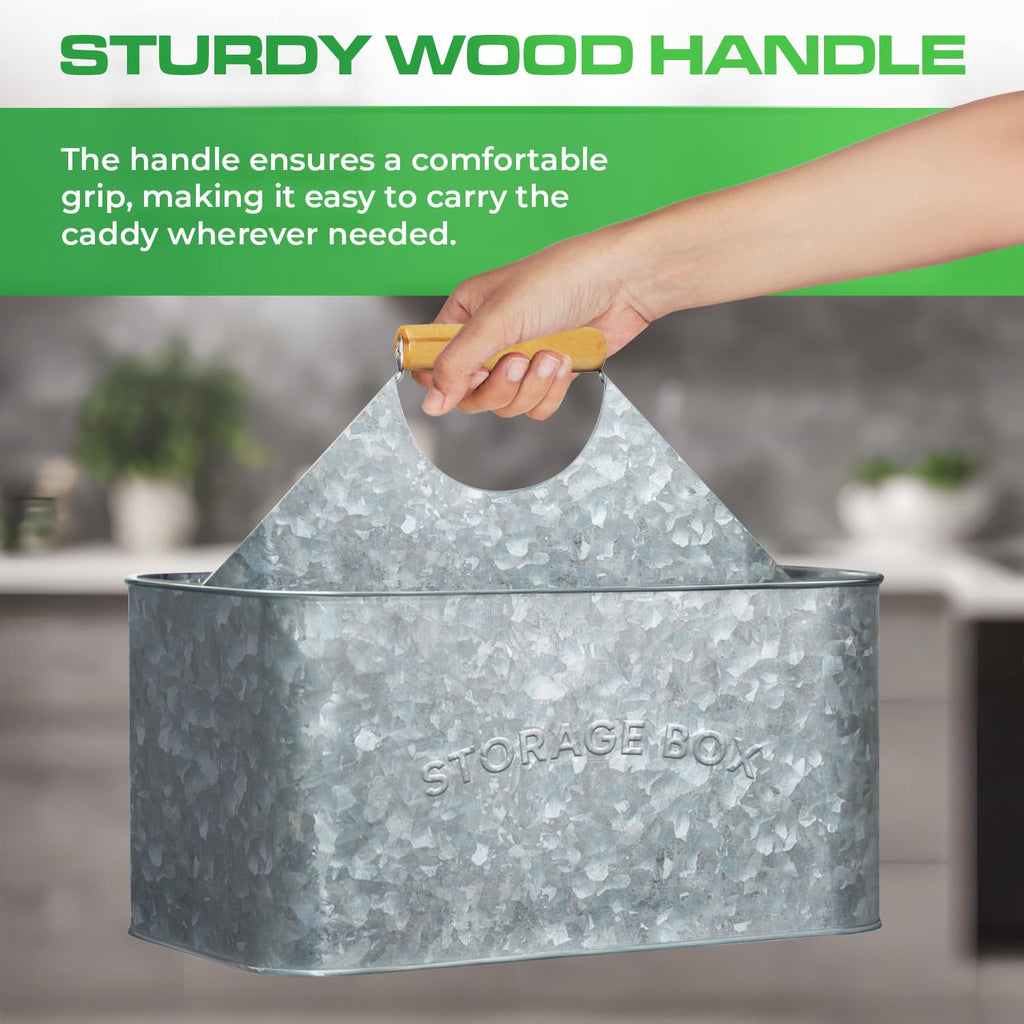 Galvanized Metal Utensil Caddy with Wooden Handle