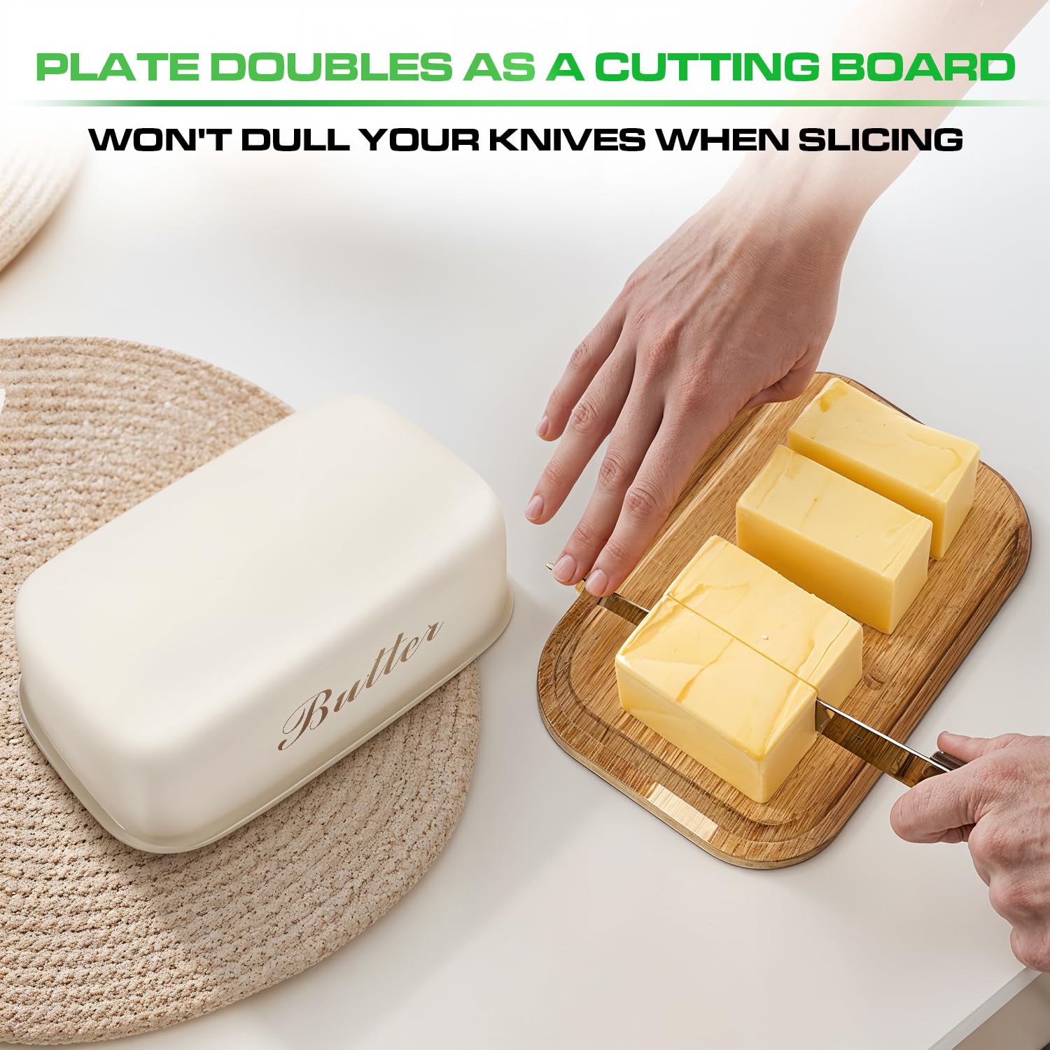 Wooden Butter Dish with Off-White Metal Lid