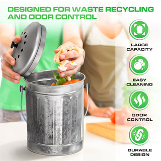 1.5 Gallon Galvanized Metal Compost Bin with Airflow Lid and One Charcoal Filter
