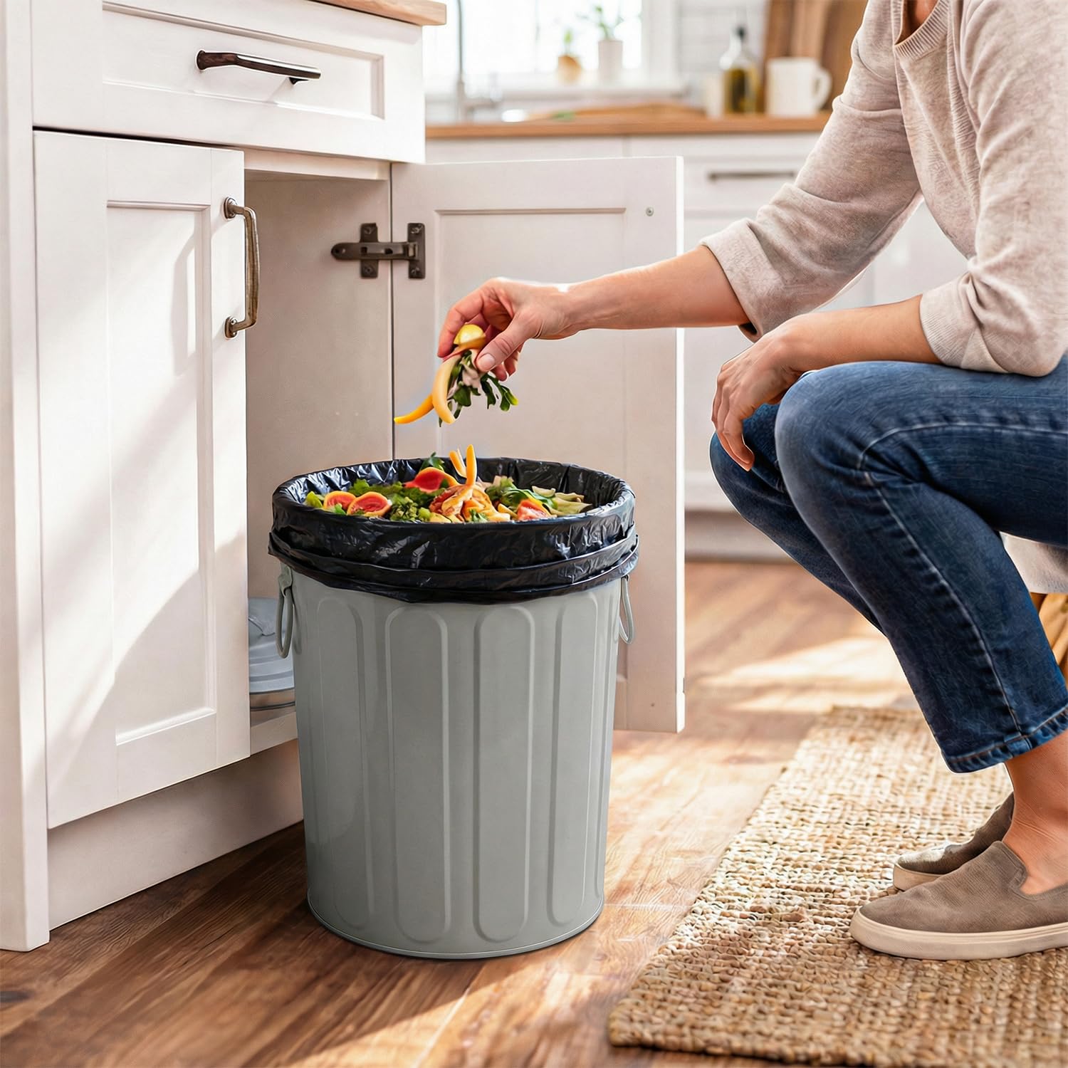 Plexon 5 Gallon Small Metal Trash Can with Lid Outdoor Galvanized Steel Bucket with Lid 5 Gal Storage Can for Dog Food Bird Seed Storage Container Rodent Pet Proof, Gray