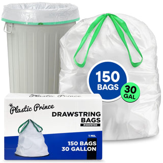 13-Gal, White Drawstring Bags, 24" x 27", 0.8 Mil, 200/Case