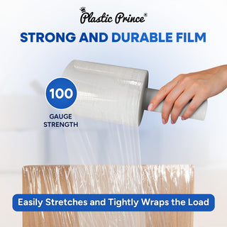 plastic prince 5 plastic wrap clear packing tape with dispenser for moving boxes shipping tape refills shrink wrap stretch film with handles 1000' roll 100 gauge thick 500% stretch ability 12 pack