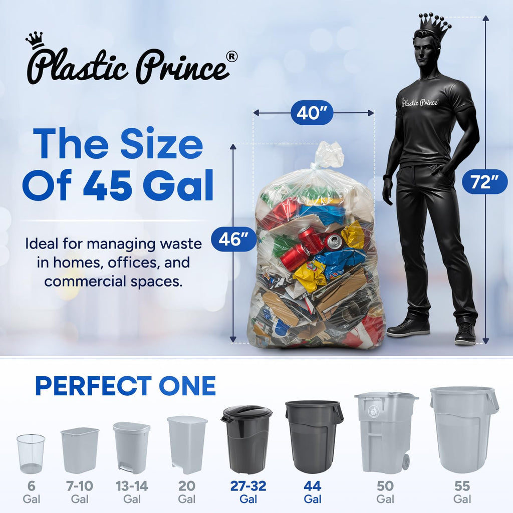 23" x 17" x 46" 45 Gal 3 Mil Clear Contractor Bags, 100/Case