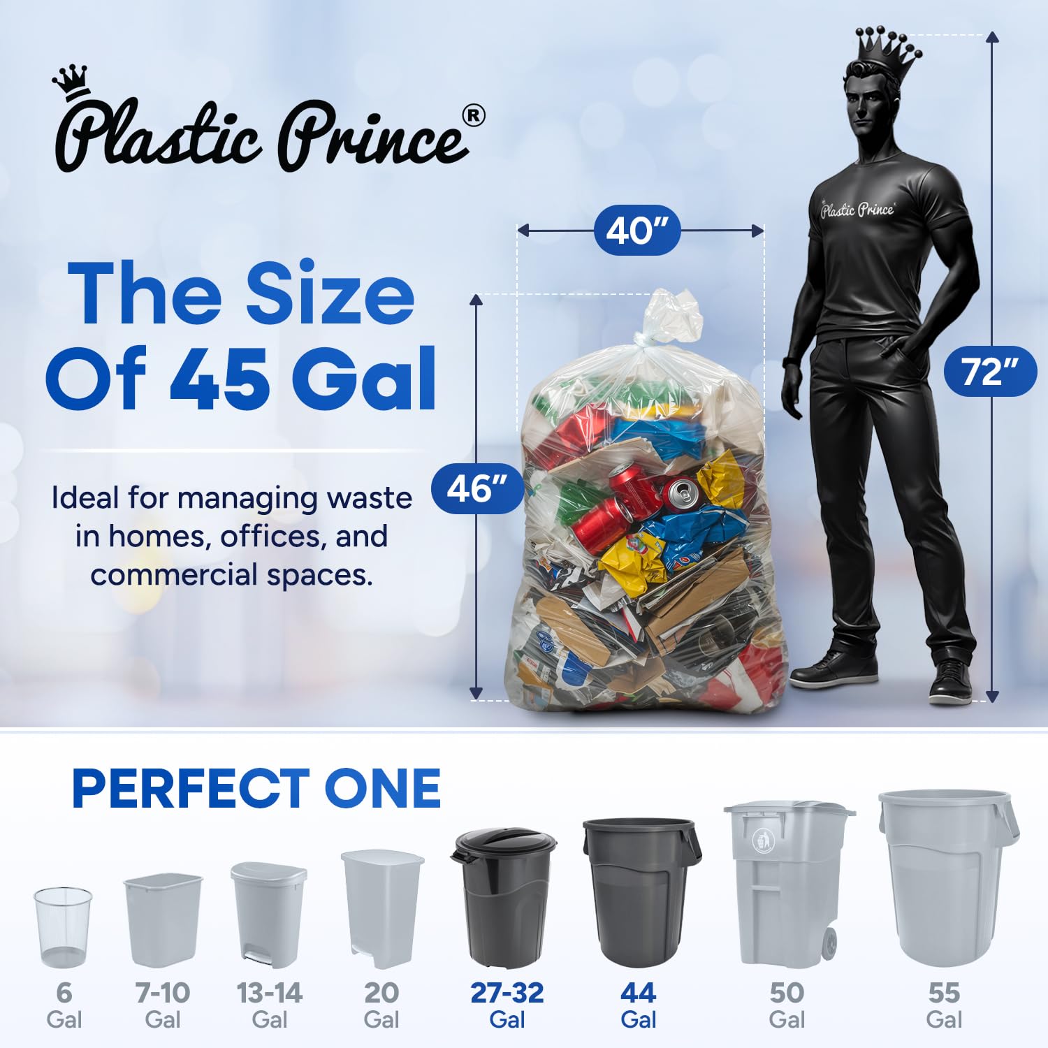 23" x 17" x 46" 45 Gal 3 Mil Clear Contractor Bags, 100/Case