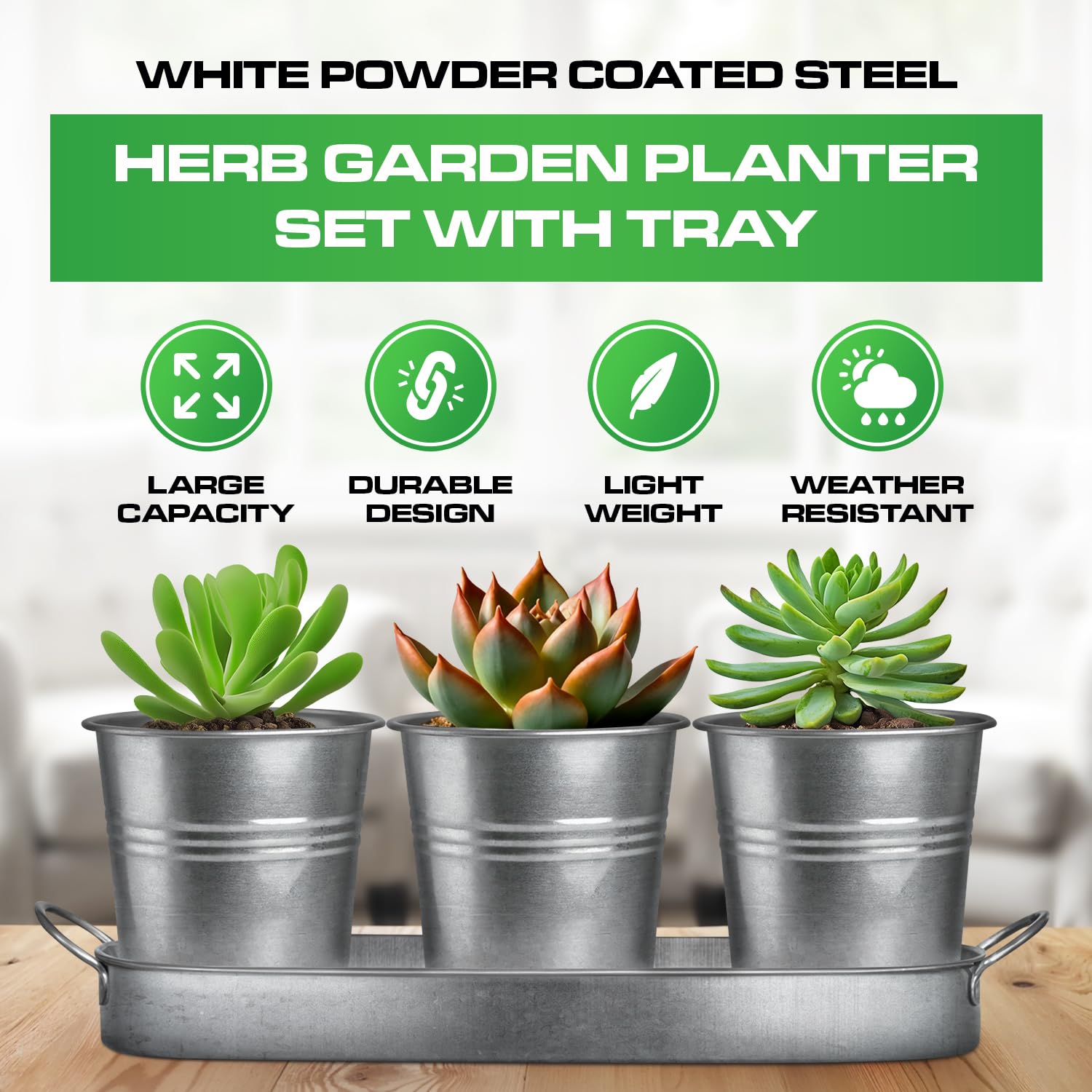 Set of 3 Beige Metal Garden Planters with Tray