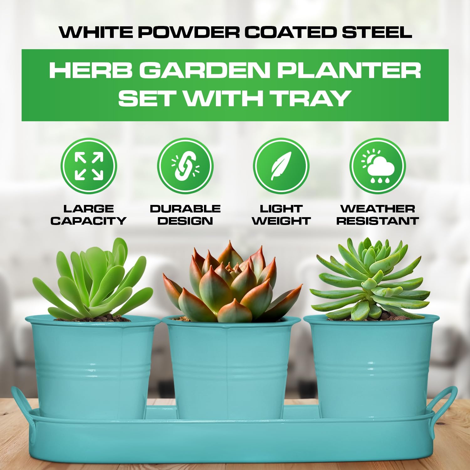 Set of 3 Aqua Mist Blue Metal Garden Planters with Tray