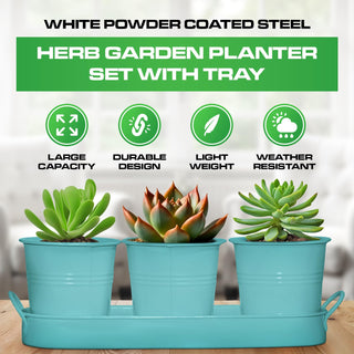 Set of 3 Aqua Mist Blue Metal Garden Planters with Tray