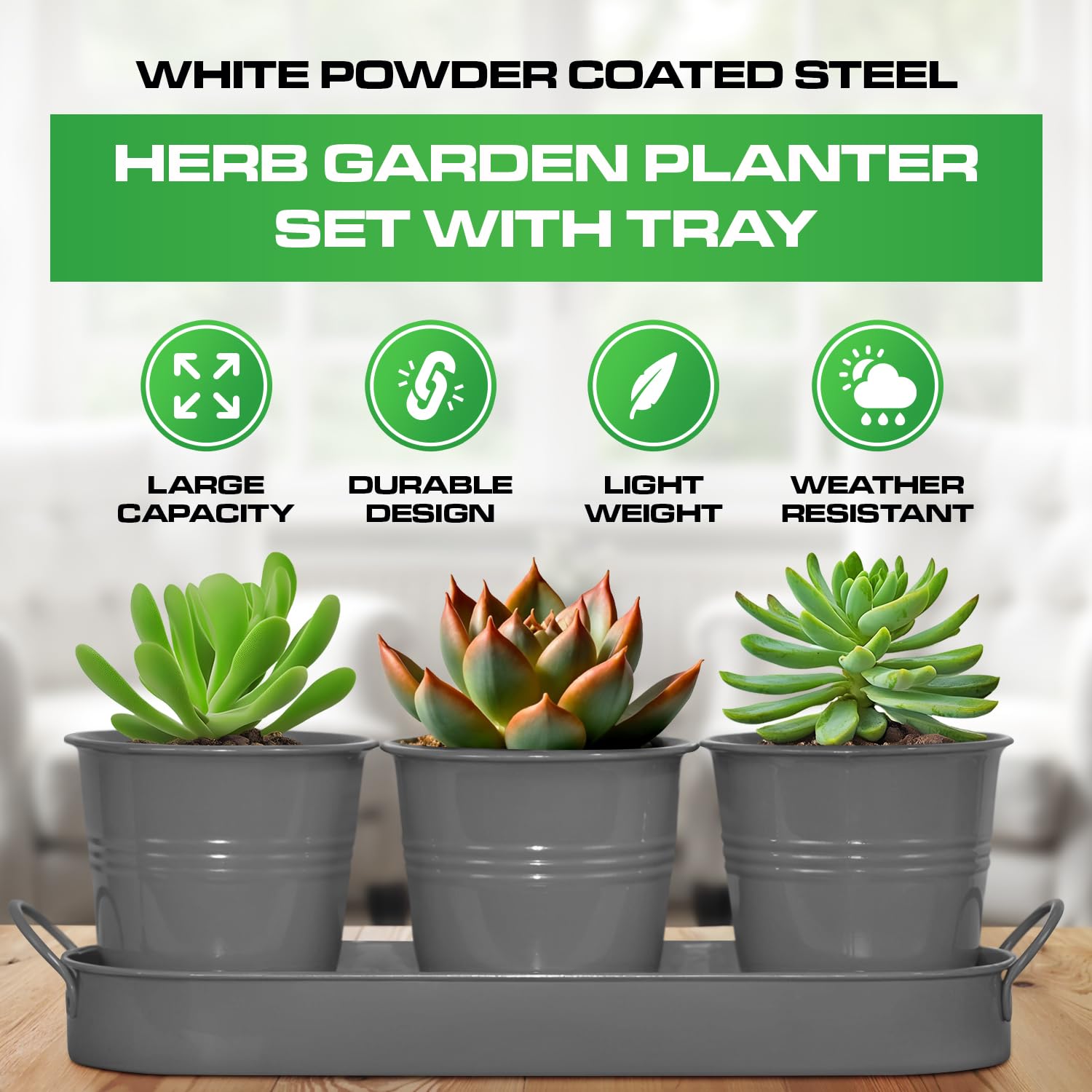Set of 3 Gray Metal Garden Planters with Tray