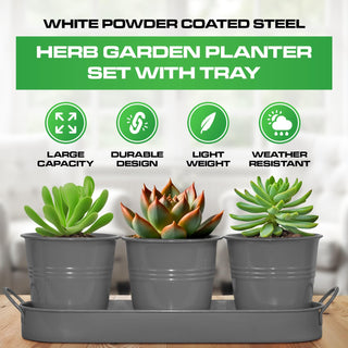 Set of 3 Gray Metal Garden Planters with Tray