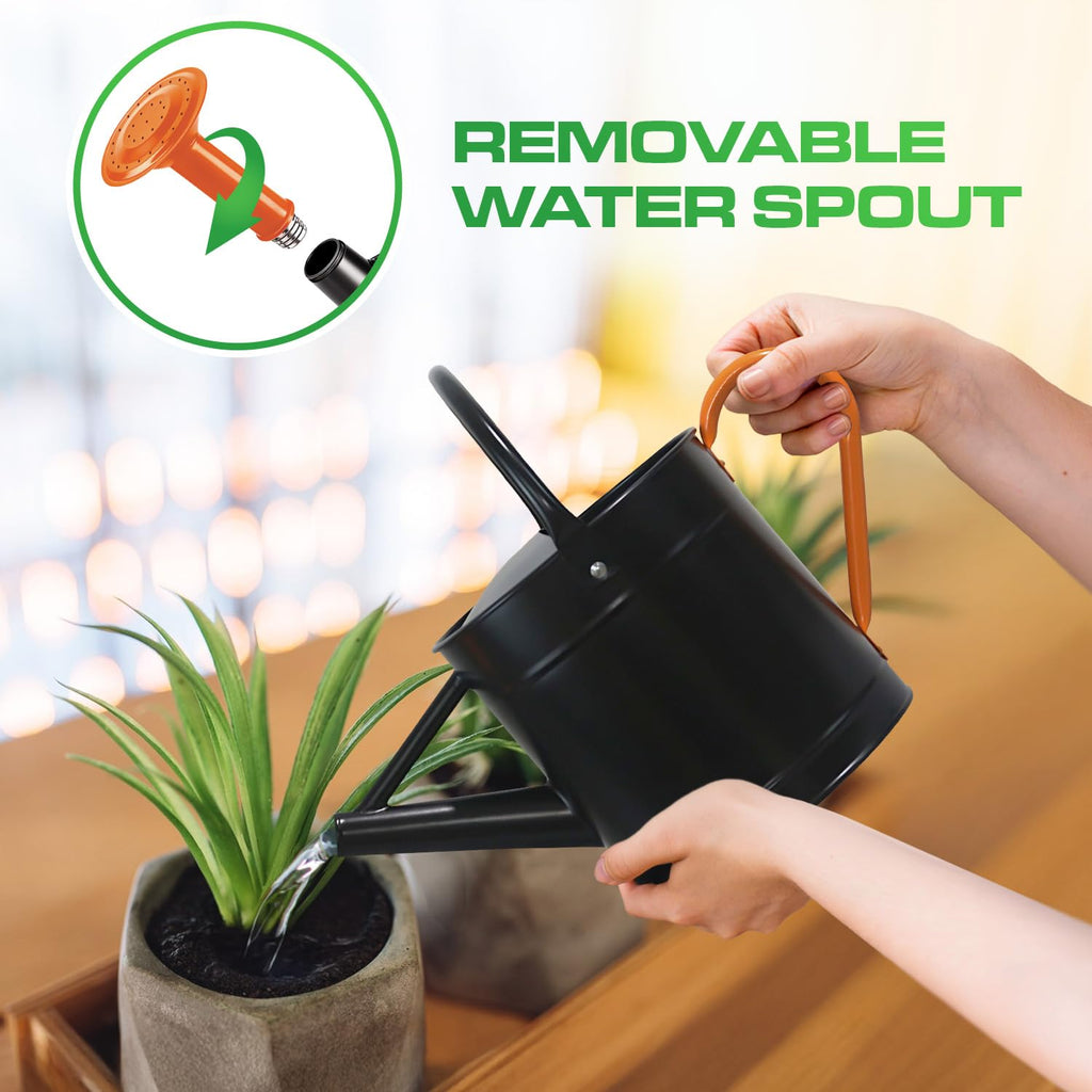 1 Gallon Shinny Black Metal Watering Can with Orange Handle and Spout