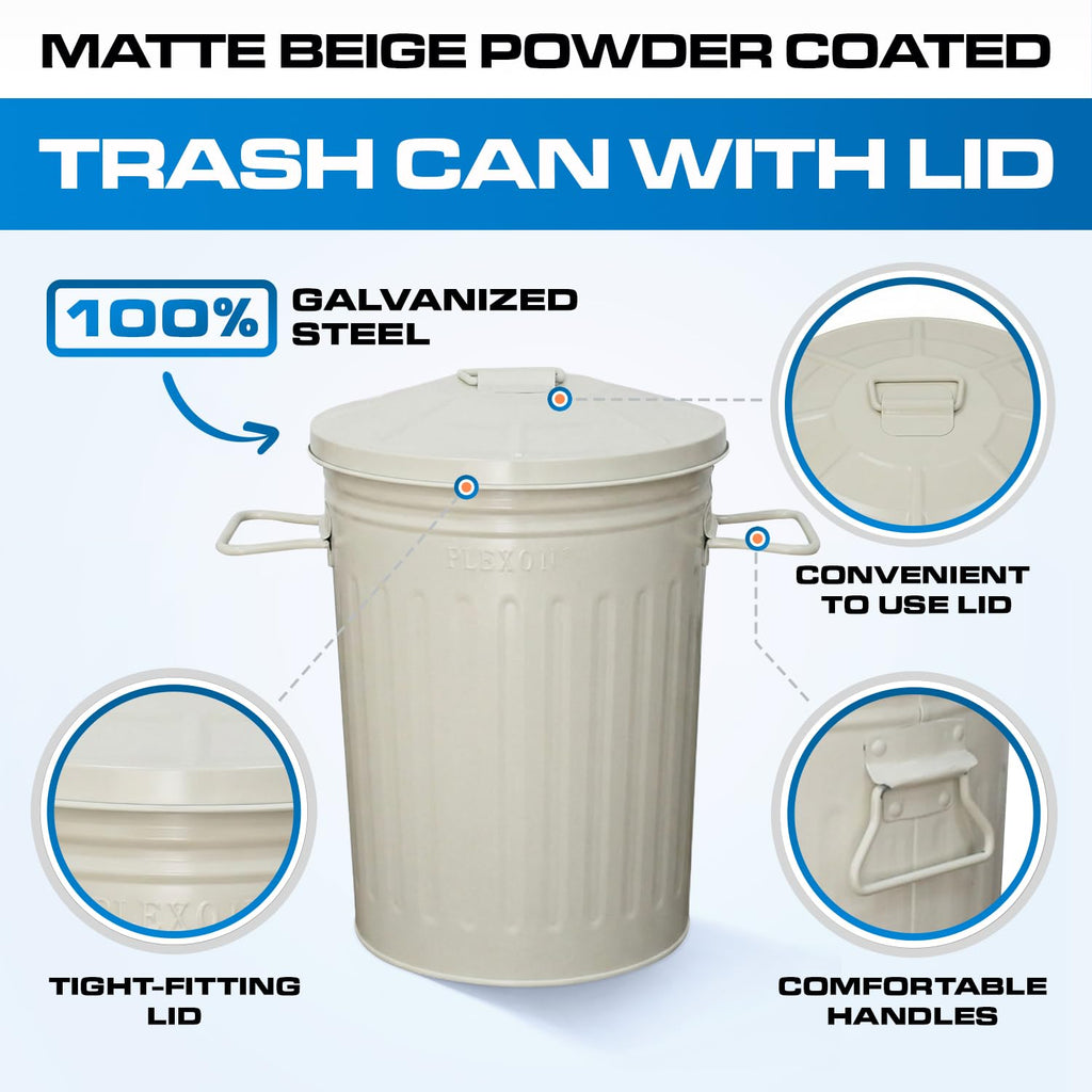 Plexon 2 Gallon Small Metal Trash Can with Lid Bathroom Garbage Can with Lid Bathroom Trash Can for Bedroom Office Kitchen Indoor Waste Basket, Round Powder Coated Off-White Bucket