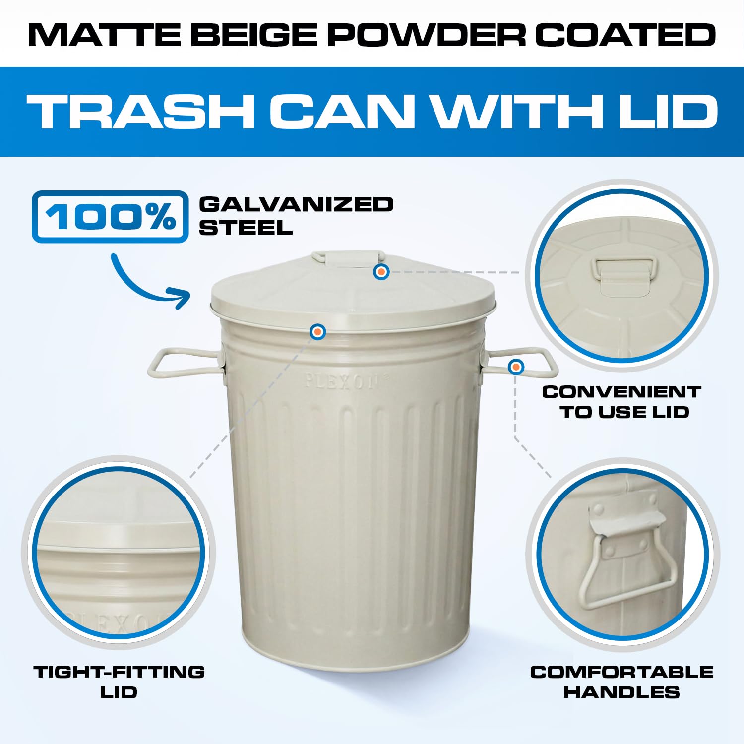 Plexon 2 Gallon Small Metal Trash Can with Lid Bathroom Garbage Can with Lid Bathroom Trash Can for Bedroom Office Kitchen Indoor Waste Basket, Round Powder Coated Off-White Bucket