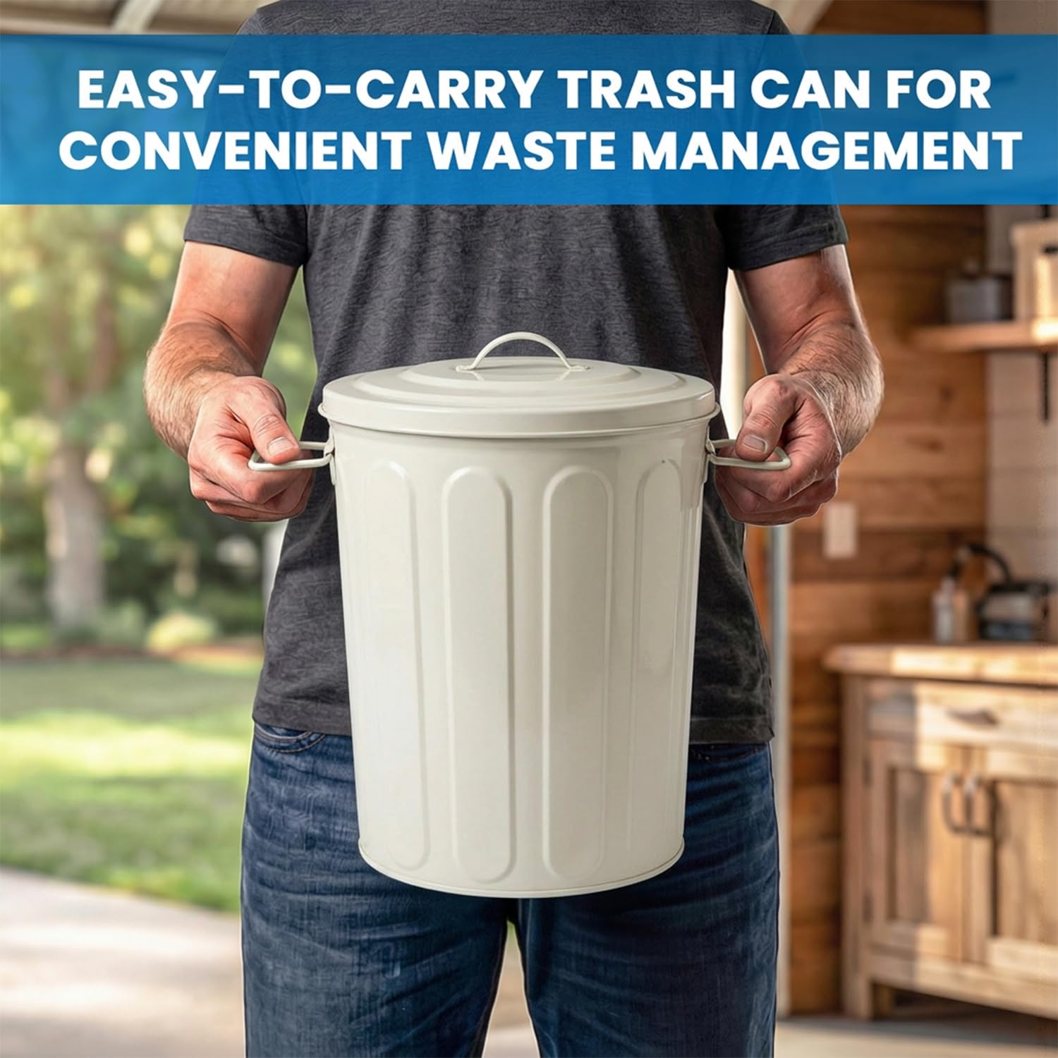 Plexon 5 Gallon Small Metal Trash Can with Lid Outdoor Galvanized Steel Bucket with Lid 5 Gal Storage Can for Dog Food Bird Seed Storage Container Rodent Pet Proof, Matte Off-White