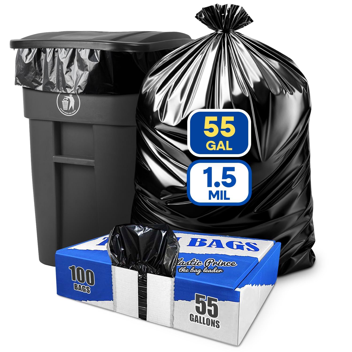 43" x 47" 56 Gal 1.5 Mil Black Trash Bags, 100/Case