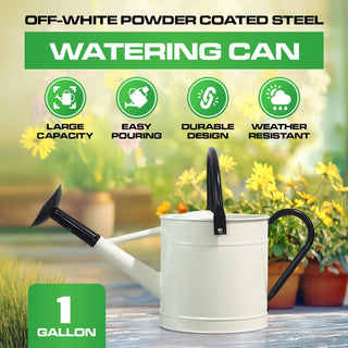 1 Gallon Off-white Metal Watering Can with Black Handle and Spout