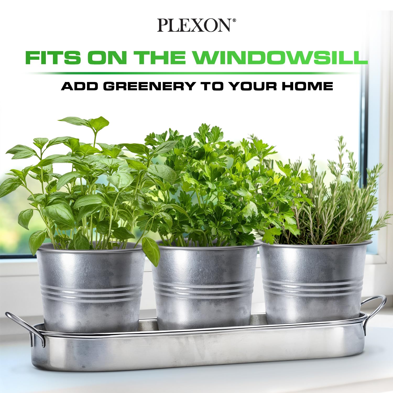 Set of 3 Beige Metal Garden Planters with Tray