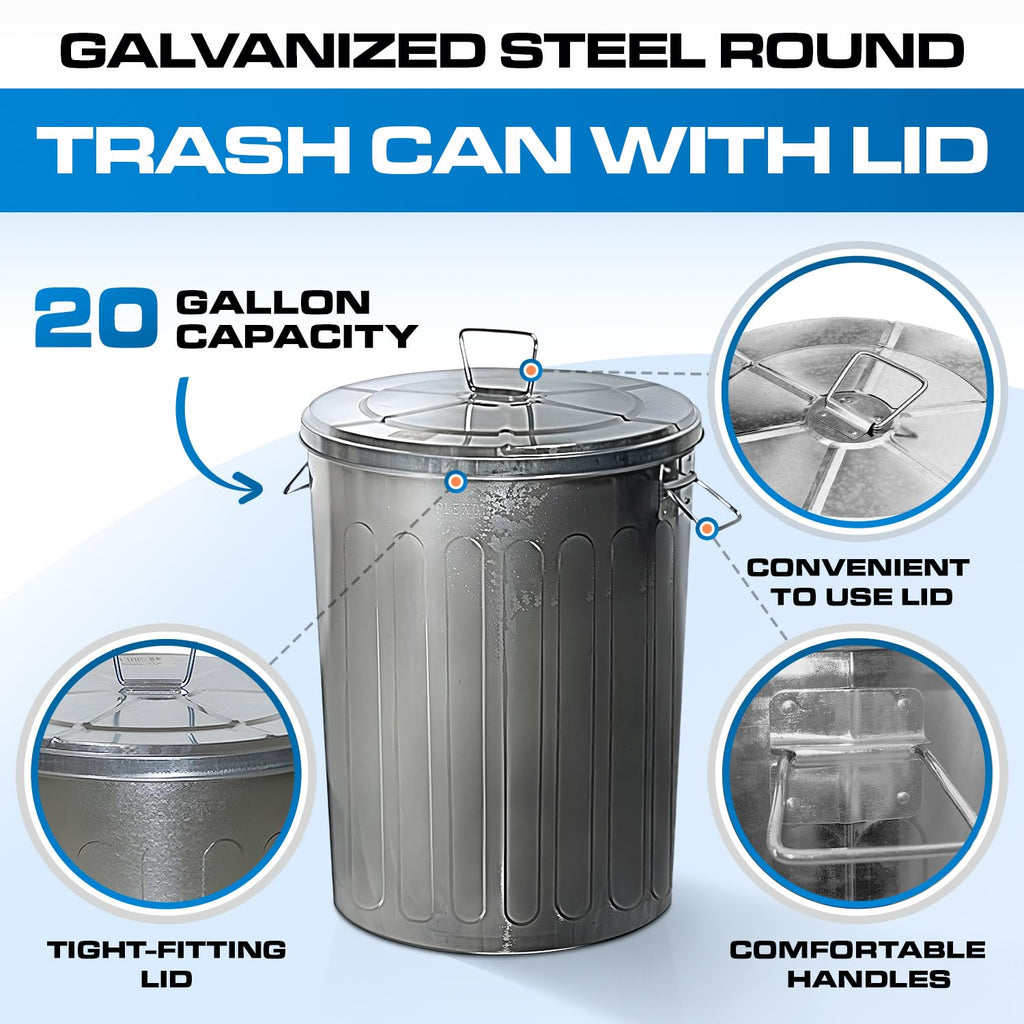 20 Gal Galvanized Steel Round Trash Can with Lid