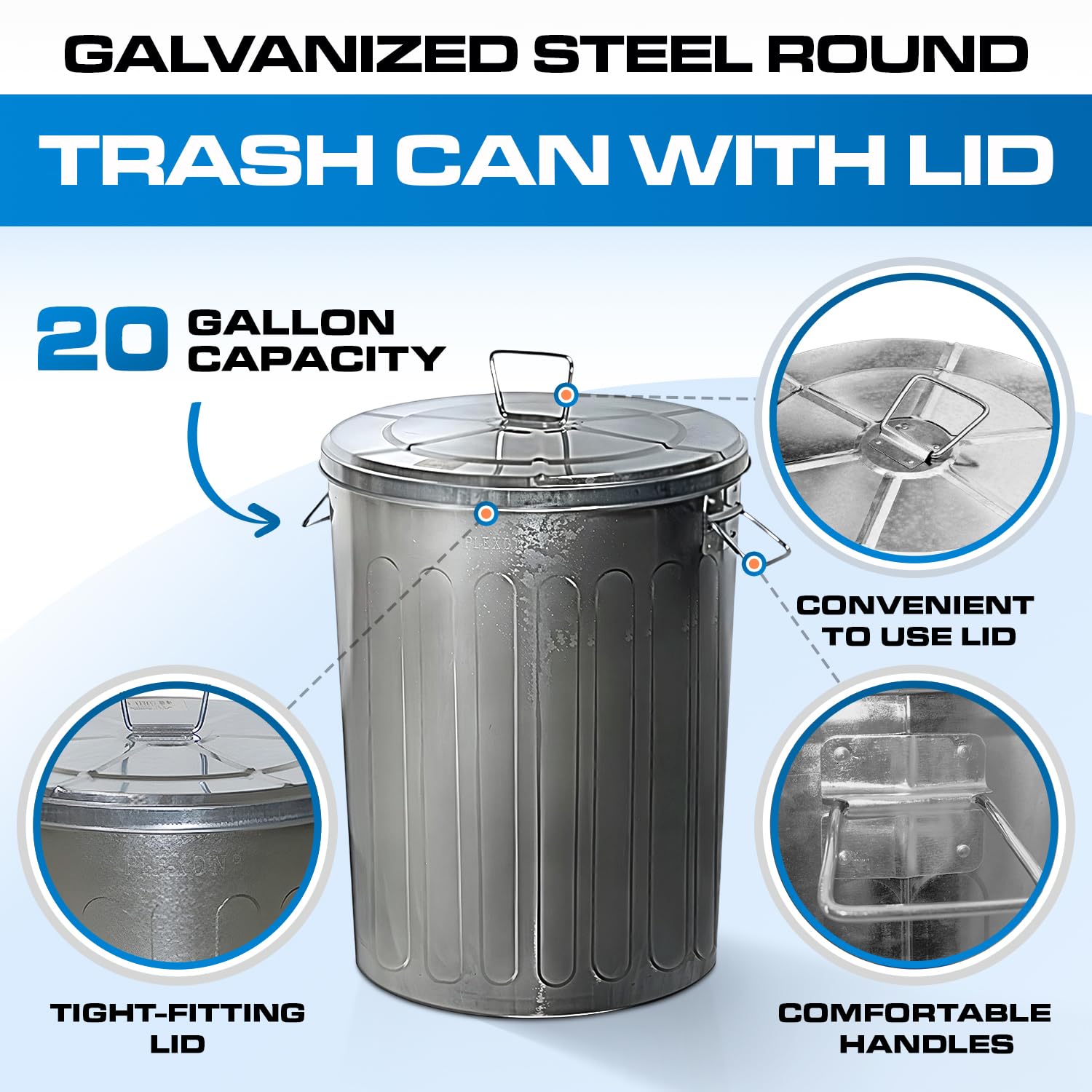 20 Gal Galvanized Steel Round Trash Can with Lid
