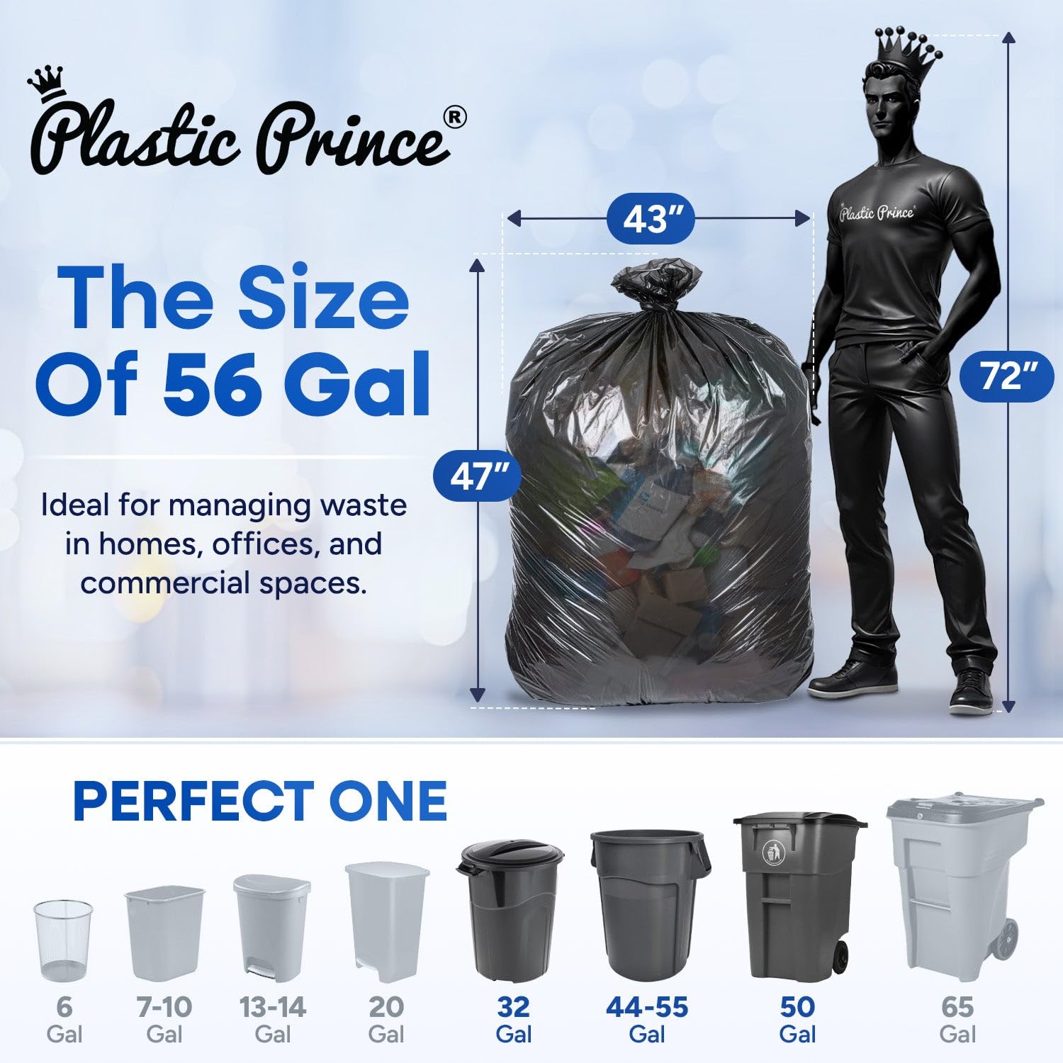 43" x 47", 56 Gallon, 22 Mic, Black High-Density Can Liners, 150/Case
