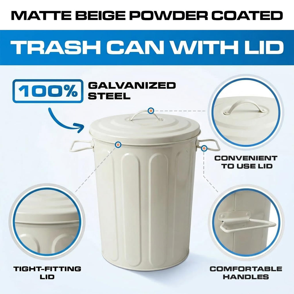 Plexon 5 Gallon Small Metal Trash Can with Lid Outdoor Galvanized Steel Bucket with Lid 5 Gal Storage Can for Dog Food Bird Seed Storage Container Rodent Pet Proof, Matte Off-White