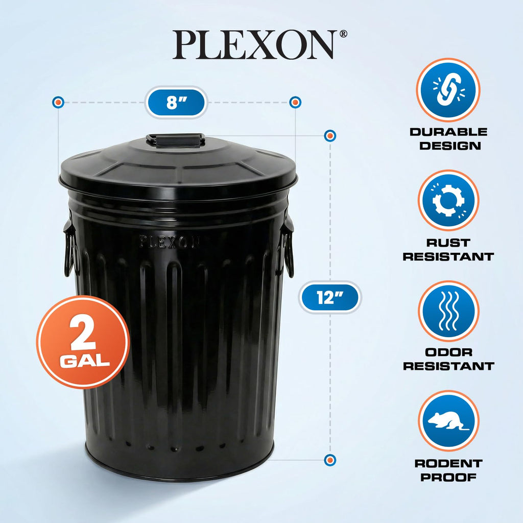 Plexon 2 Gallon Small Metal Trash Can with Lid Bathroom Garbage Can with Lid Bathroom Trash Can for Bedroom Office Kitchen Indoor Waste Basket, Round Powder Coated Black Bucket