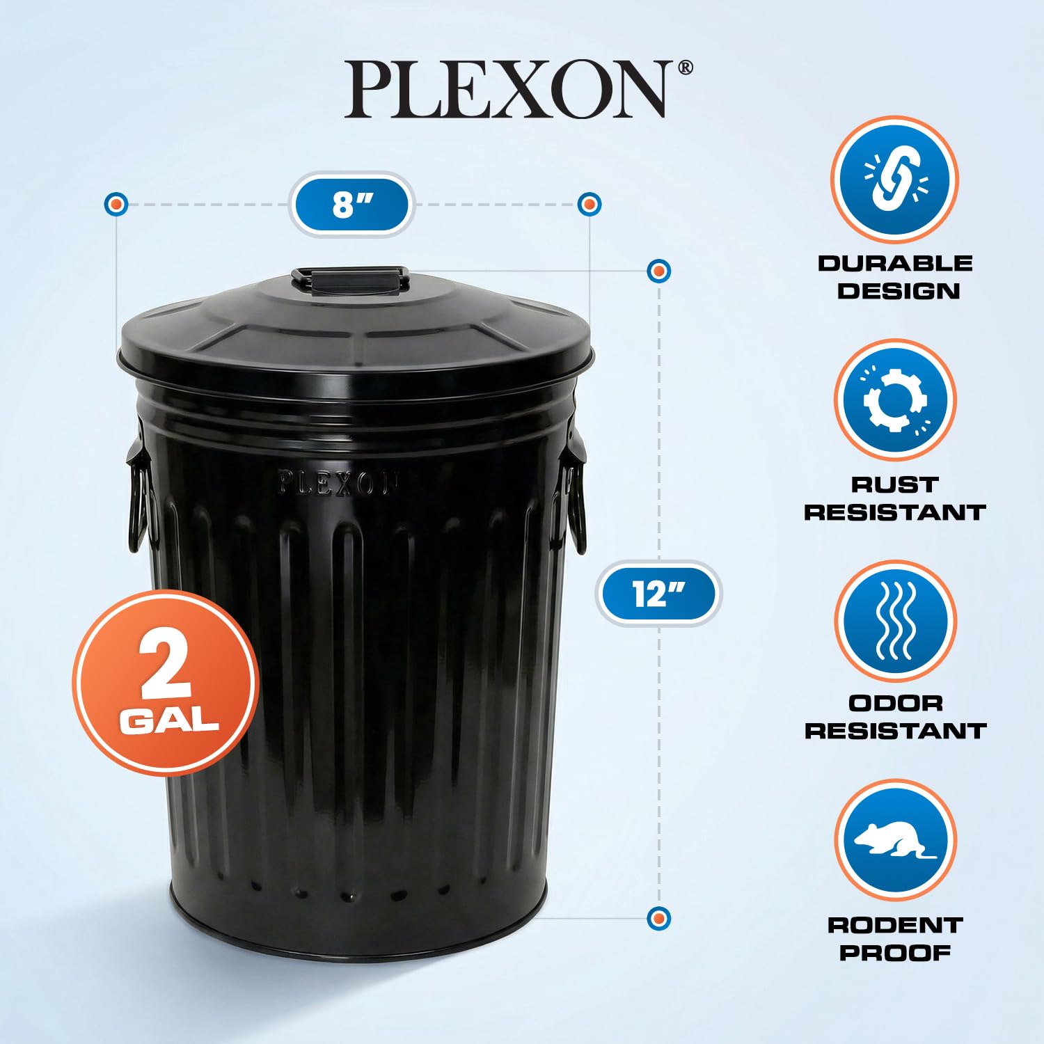 Plexon 2 Gallon Small Metal Trash Can with Lid Bathroom Garbage Can with Lid Bathroom Trash Can for Bedroom Office Kitchen Indoor Waste Basket, Round Powder Coated Black Bucket