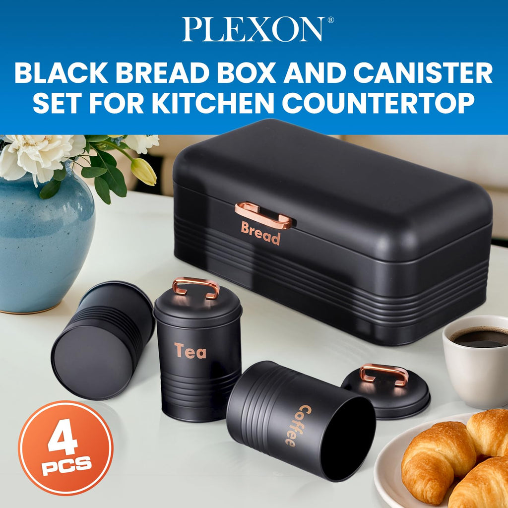 plexon metal bread box with tea coffee sugar container set black bread box for kitchen countertop with canister set of 4
